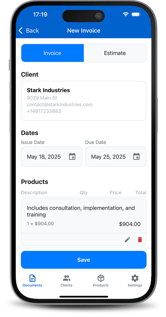 Create new invoice interface
