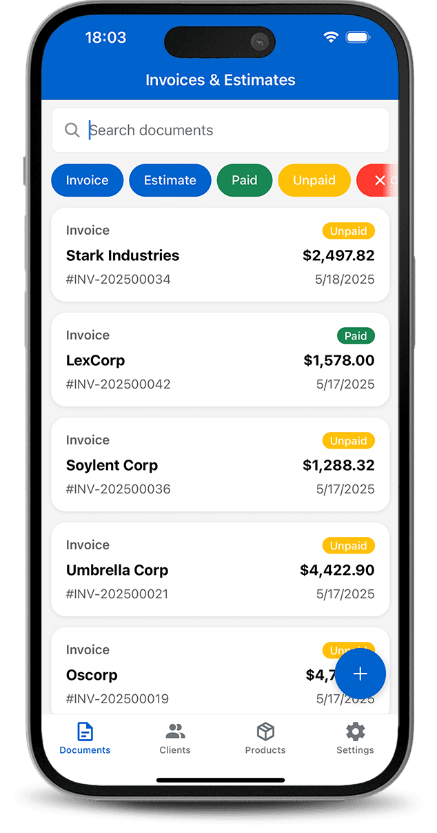 Invoice Creator main dashboard
