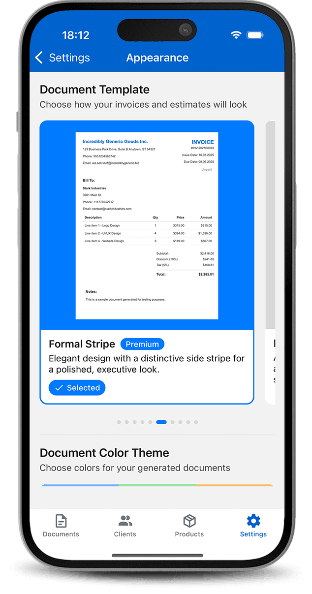 Invoice template selection screen